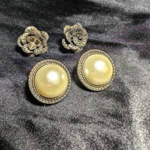 Two Sets of Earrings, Button Earrings, Roses, Pearls, Brass